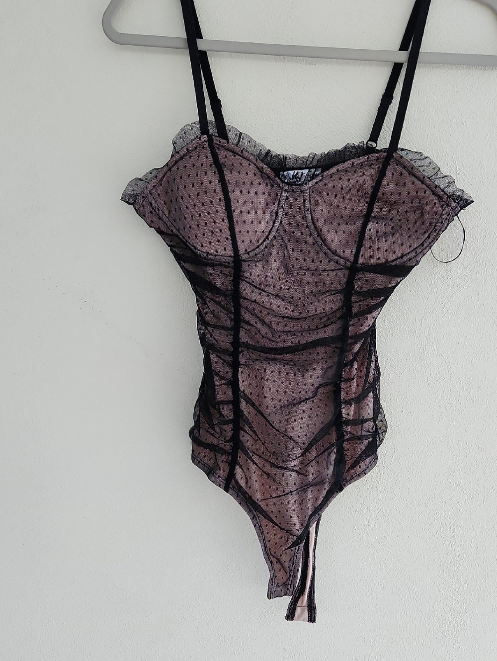 Rabbit Rose Black Polka Dot Mesh Bodysuit with Pink Lining
